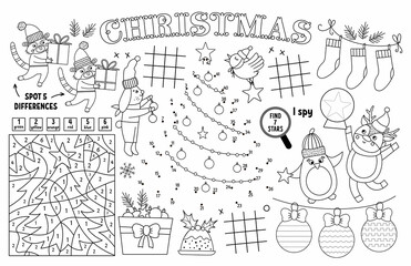 Vector Christmas placemat for kids. Winter holiday printable activity mat with maze, tic tac toe charts, connect the dots, find difference. Black and white New Year play mat or coloring page.