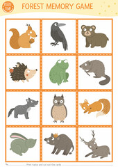 Vector forest animals and birds memory game cards with squirrel, raven, bear. Woodland matching activity. Remember and find correct card. Simple printable worksheet for kids with fox, wolf.