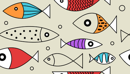 Cartoon seamless pattern with hand drawn fish for print, wallpaper, textiles or fabric