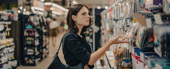 Portrait of young woman choosing school stationery in supermarket.