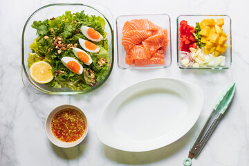 Green salad and kale with boiled egg and oval white bowl with ingredient for delicious spicy salmon mango salad. Top view on white table. 