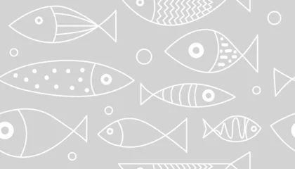 Fototapete Meer Nahtloses Muster der Karikatur mit handgezeichneten Fischen für Druck, Tapete, Textilien oder Stoff