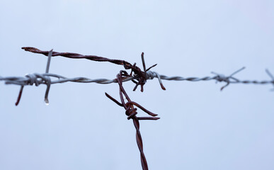 Old barbwire hanging in the air,rust and dirty