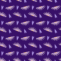 Vector illustration of a seamless pattern on the theme of Halloween and magic. Symbols on a dark background. Beige and purple. For printing on fabric, wrapping paper, digital paper. For wall design.