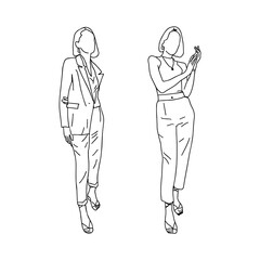 Business girls in different poses are drawn with a thin line. For registration of an account of a stylist, clothing store, fashion design. Vector illustration.