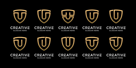 Set bundle monogram shield logo design initial letter u with linear style Premium Vector