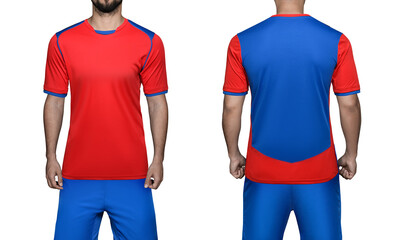 Soccer player in sports uniform blue-red shirt and shorts on isolated white background. Mockup football uniform front and back view