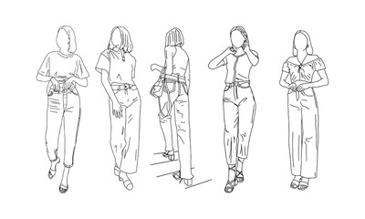 Girls posing in a collection of summer clothes. Linear style. Vector illustration.