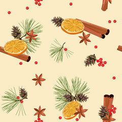 Seamless, Christmas vector illustration with spruce branch, cinnamon, orange, berries on a beige background.