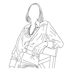 Fashionable girl sitting on a half-figure chair. Linear sketch for presentation in a magazine. Vector illustration.