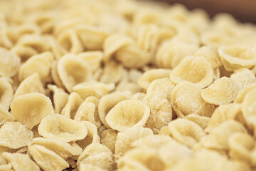 Fresh orecchiette or orecchietta, made with durum wheat and water, handmade pasta typical of Puglia or Apulia , a region of Southern Italy, close up