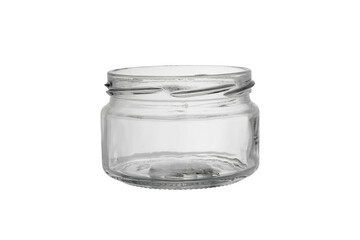 Open empty jar made of transparent glass for food and canned food. Isolated on a white background, close-up