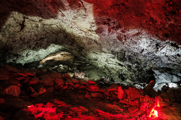 Kungur ice caves in summer with artificial lighting
