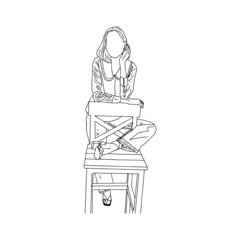 A romantic girl leaning on a chair drawn in a linear style. Vector illustration.