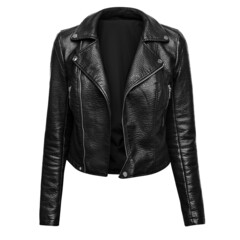 Woman black leather jacket isolated on white background - 453633599
