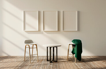 modern living room with empty frames on white wall and,3d rendering,3d mock up,interior,with modern table