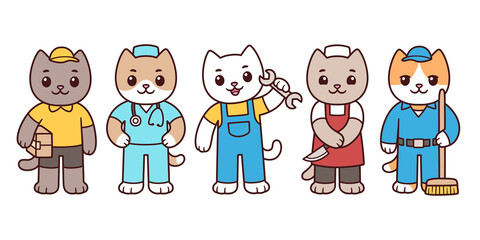 Cartoon cats professions, workers characters