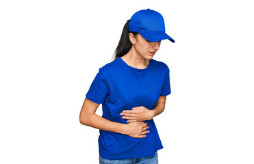 Young hispanic girl wearing delivery courier uniform with hand on stomach because indigestion,...