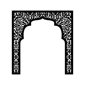Silhouette of an islamic arch with plant elements for laser cutting. Production of decor for weddings and festive events, visiting ceremony. Vector illustration.