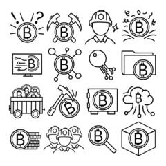 Cryptocurrency Blockchain outline icons set collection.Security data transfer, Bitcoins icons.