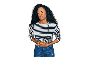 Middle age african american woman wearing casual clothes with hand on stomach because nausea,...
