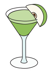 Green appletini apple martini garnished with a slice of fruit. Stylish hand-drawn doodle cartoon hipster style vector illustration good for party card, bar menu cook book recipe