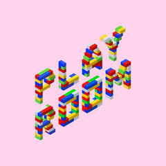 Phrase - playroom - letters made up of colored plastic blocks in isometric style on a pink background. Vector illustration.