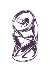 Crumpled can of soda, drawn in pop art vintage style. Fashionable image for print or tattoo. Vector illustration
