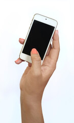 Woman hand holding white smartphone isolated on white.