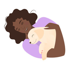 A cute girl with long hair sleeps hugging a cute puppy. Vector illustration. Love for pets.	