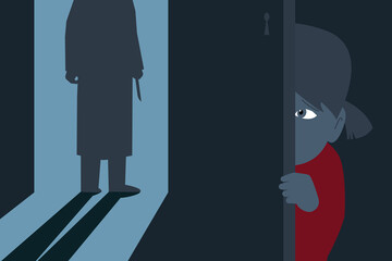A little girl hiding behind the door and looks at the silhouette of a stranger with a knife in the doorway.
