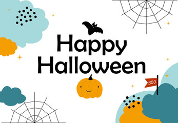 Cute halloween background for banner . Clouds sky, but, pumpkin and cobweb. Vector flat style illustration. Hand Drawn Kawaii Style Decoration for Halloween Party. Happy Halloween Card.