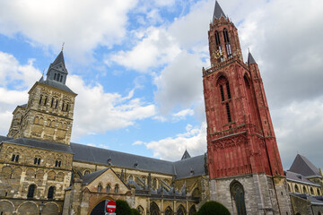 Outdoor sunny view of Basilica of Saint Servatius and Saint Jan`s church in Maastricht, Netherlands.
