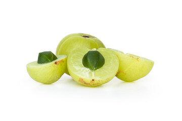 Indian gooseberry fruits or Amla ( phyllanthus emblica ) with green leaves and slice isolated on white background.