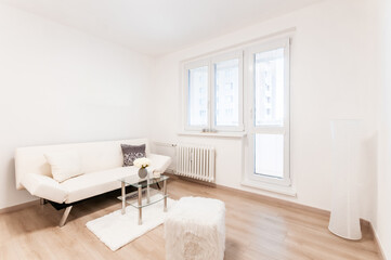 Fototapeta na wymiar Modernly furnished living room in small city apartment. Simplicity and airiness are main features of the room,which is dominated by sofa with coffee table,there are also small decorative accessories.
