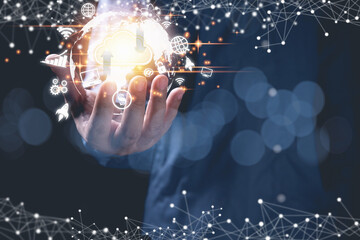A Businessman holding the virtual world with cloud computing connection network big data around the world. The global data information and technology exchange.