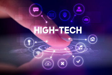 Finger touching tablet with web technology icons concept