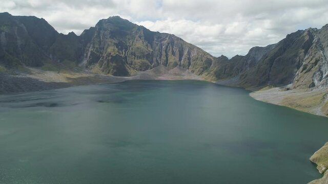 Aerial view crater lake volcano Pinatubo among mountains, Philippines, Luzon. beautiful landscape at Pinatubo mountain crater lake. Travel concept