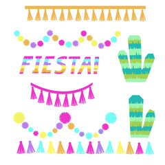 Fiesta lettering. Cactus party decoration set. Tassels pompoms wreath. Vector illustration