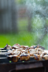 Meat is fried on skewers on the mangal. Barbecue meat on skewers in smoke. Grilled kebab cooking in a country house. Copy space