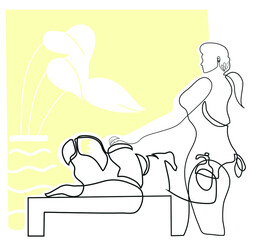 One line drawing of  woman getting neck and shoulders massage by female masseur.
One continuous line drawing of female masseur concept.

