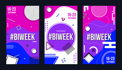 Bisexual Awareness Week. Memphis style set for social media stories with hashtag #BIWEEK. Isolated vector banner collection. Colors of bisexuality flag - obrazy, fototapety, plakaty