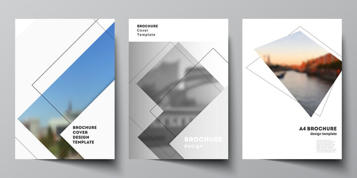 Vector layout of A4 format cover mockups design templates with geometric simple shapes, lines and photo place for brochure, flyer layout, booklet, cover design, book, brochure cover.