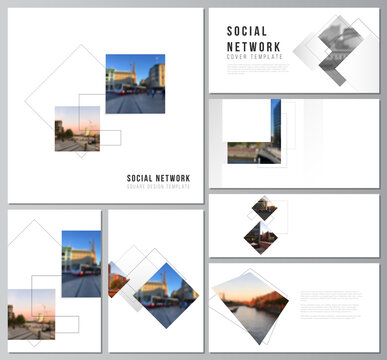 Vector layouts of modern social network mockups in popular formats with geometric simple shapes, lines and photo place for cover design, website design, website backgrounds or advertising mockups.