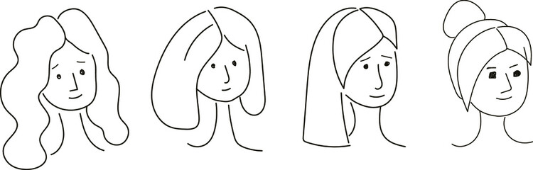Doodle girls faces. Feminism, different races of girls. Set of 4 faces of girls of different looks