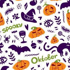 Halloween Seamless Pattern of Mystical Elements on White. Colorful Cartoon illustration Digital Paper. Spooky Holiday Texture Perfect for Home Decor, Gift Wrapping and Textiles. Vector