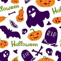 Obraz premium Halloween Seamless Pattern of Mystical Elements on White. Colorful Cartoon illustration Digital Paper. Spooky Holiday Texture Perfect for Home Decor, Gift Wrapping and Textiles. Vector