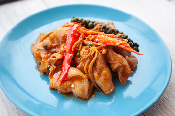 Thai food, Stir Fried Spicy Pork Belly or called Pad Cha Pork Belly