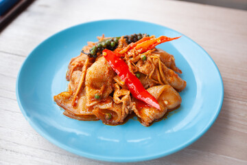 Thai food, Stir Fried Spicy Pork Belly or called Pad Cha Pork Belly