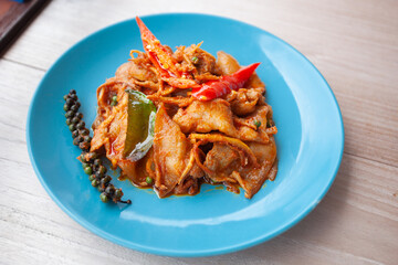 Thai food, Stir Fried Spicy Pork Belly or called Pad Cha Pork Belly